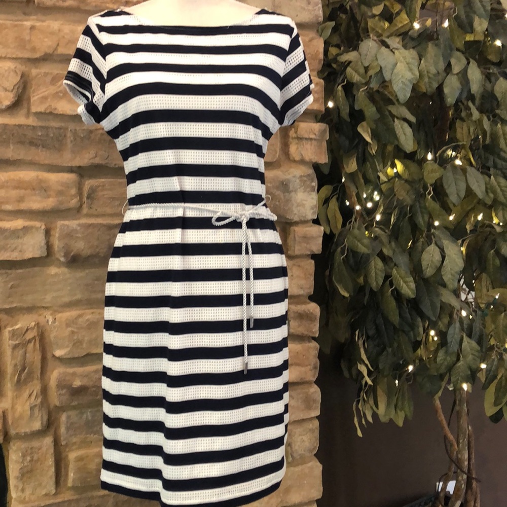 Sharagano striped mesh shift dress rope belt 12